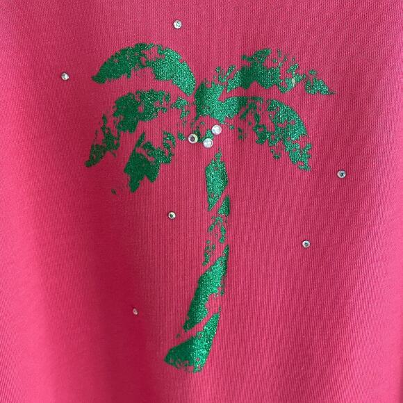 Quacker Factory Top 2X Pink Palm Tree Sparkle Rhinestones Tropical Beachy Fun - Picture 4 of 13